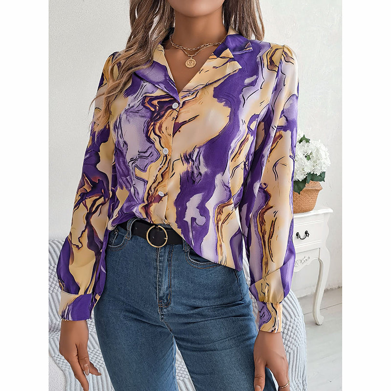 Printed Button Down Shirt - Women's Fall Tops With V Neck & Long Sleeves