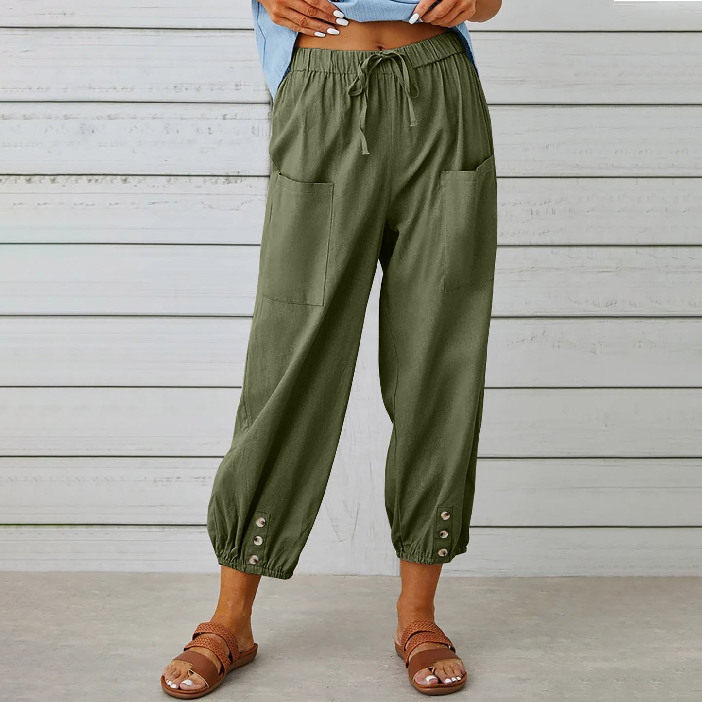 Cotton Linen Pants - Women's Drawstring Waist Trousers With Pockets & Buttons