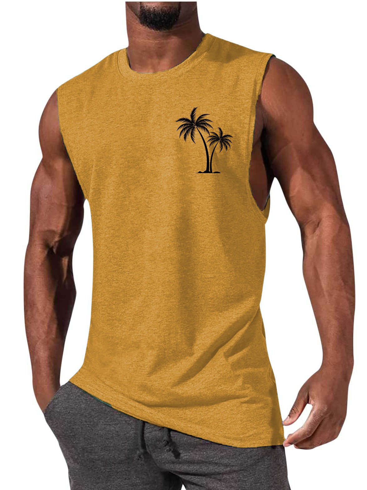 Men's Workout Tank Top - Summer Fitness Vest With Coconut Tree Embroidery