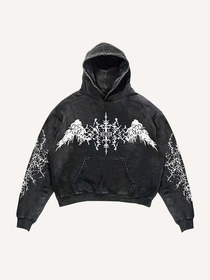 black hooded sweatshirt with white abstract angel wing design across chest and intricate patterns on sleeves