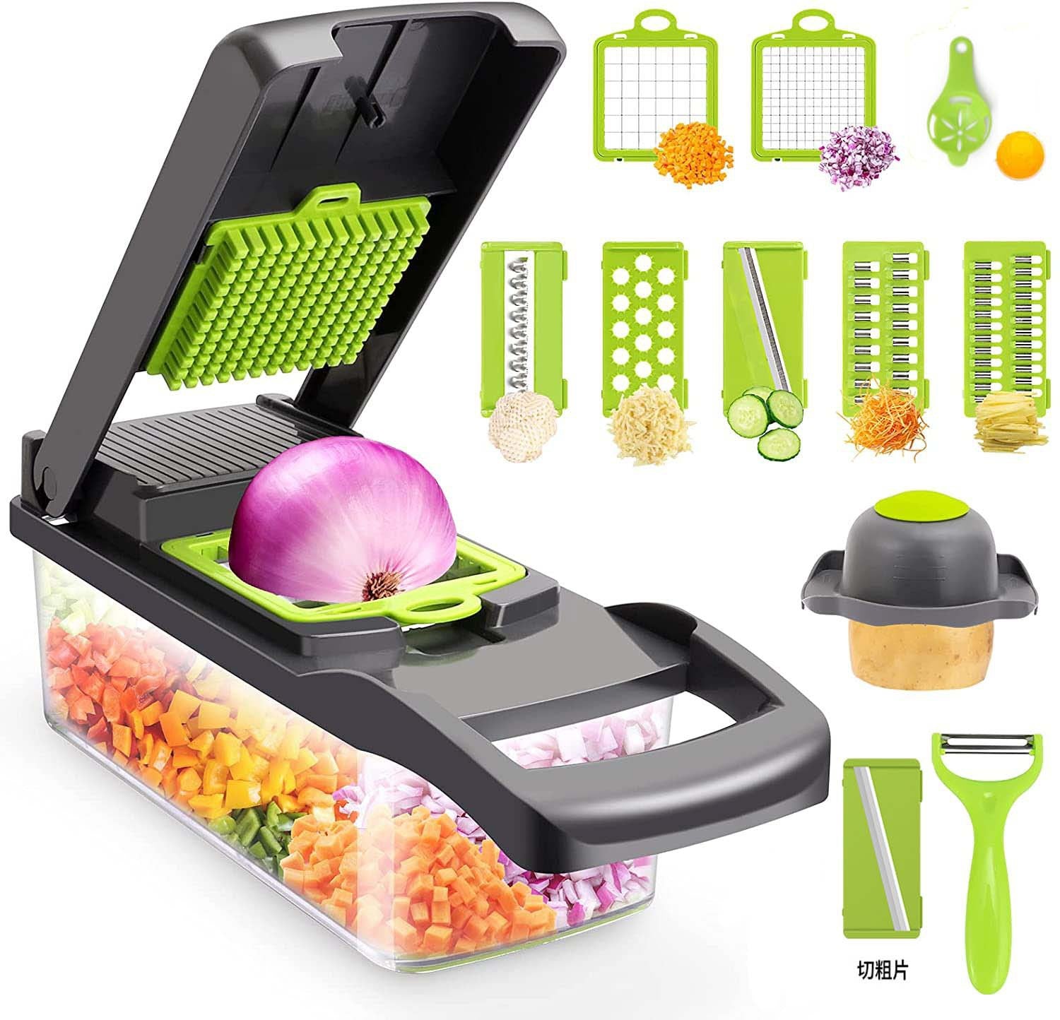 Multi-functional vegetable chopper with container, green interchangeable blades, and various cutting tools for slicing and dicing
