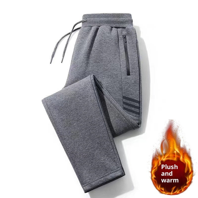 Gray plush and warm sweatpants with drawstring waist and side zipper pocket