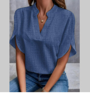 Chiffon Summer Shirt - Women's Casual V-Neck Short Sleeve Blouse, Lightweight Polyester