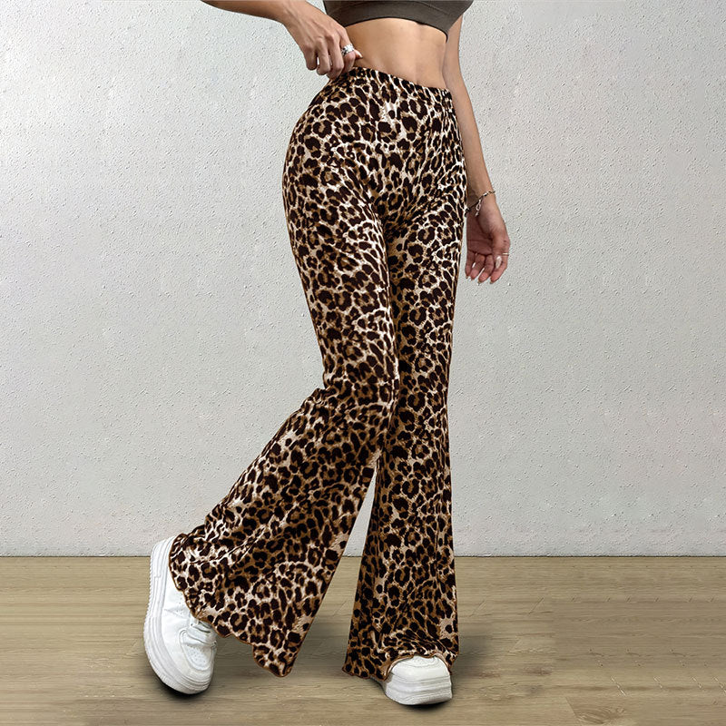 Leopard Print Flared Pants | Knitted Stretch High Waist Bell Bottoms