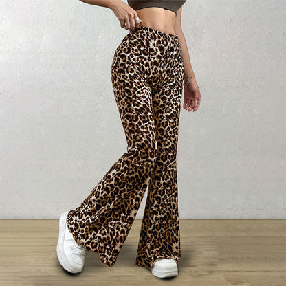 Leopard Print Flared Pants | Knitted Stretch High Waist Bell Bottoms