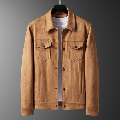 Tan suede jacket with black buttons and chest pockets over white T-shirt on black hanger