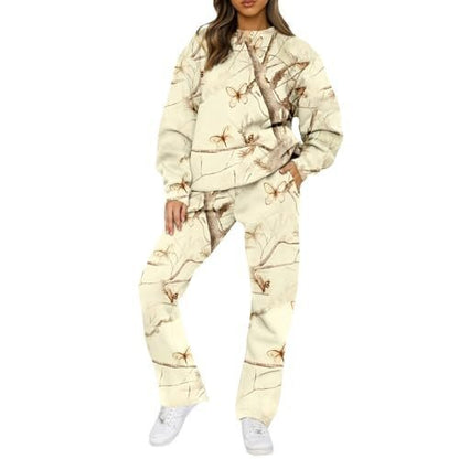 Camouflage Sports Set - Women's Loose Fit Tracksuit With Hooded Sweatshirt & Pants