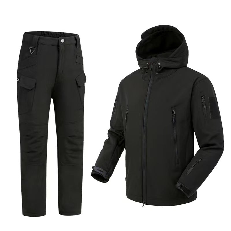 Black tactical softshell jacket with hood and matching cargo pants with multiple pockets