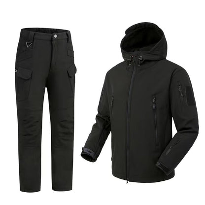 Black tactical softshell jacket with hood and matching cargo pants with multiple pockets