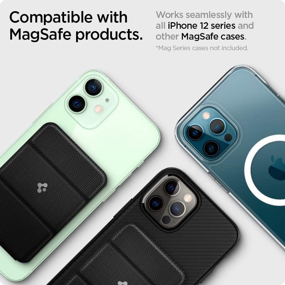 Three iPhones with black MagSafe-compatible wallet cases on mint green and black models and a clear case on a blue model