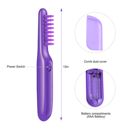 Purple 12-inch electric comb with power switch, dust cover, and AAA battery compartments