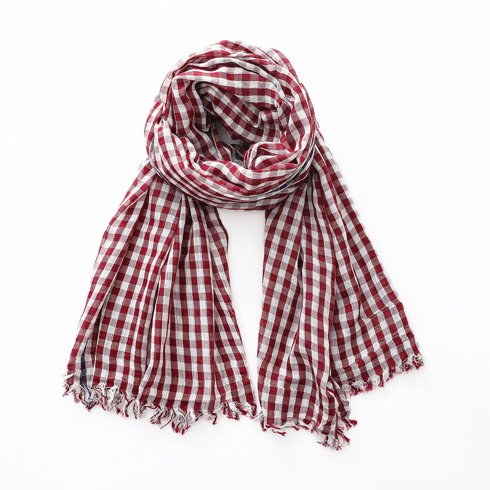 Plaid Cotton Scarf - Thin Lightweight Mid-Length Scarf for Men Women