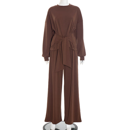 Waist-Tied Ribbon Pants Casual Suit - Comfortable Polyester Lounge Wear