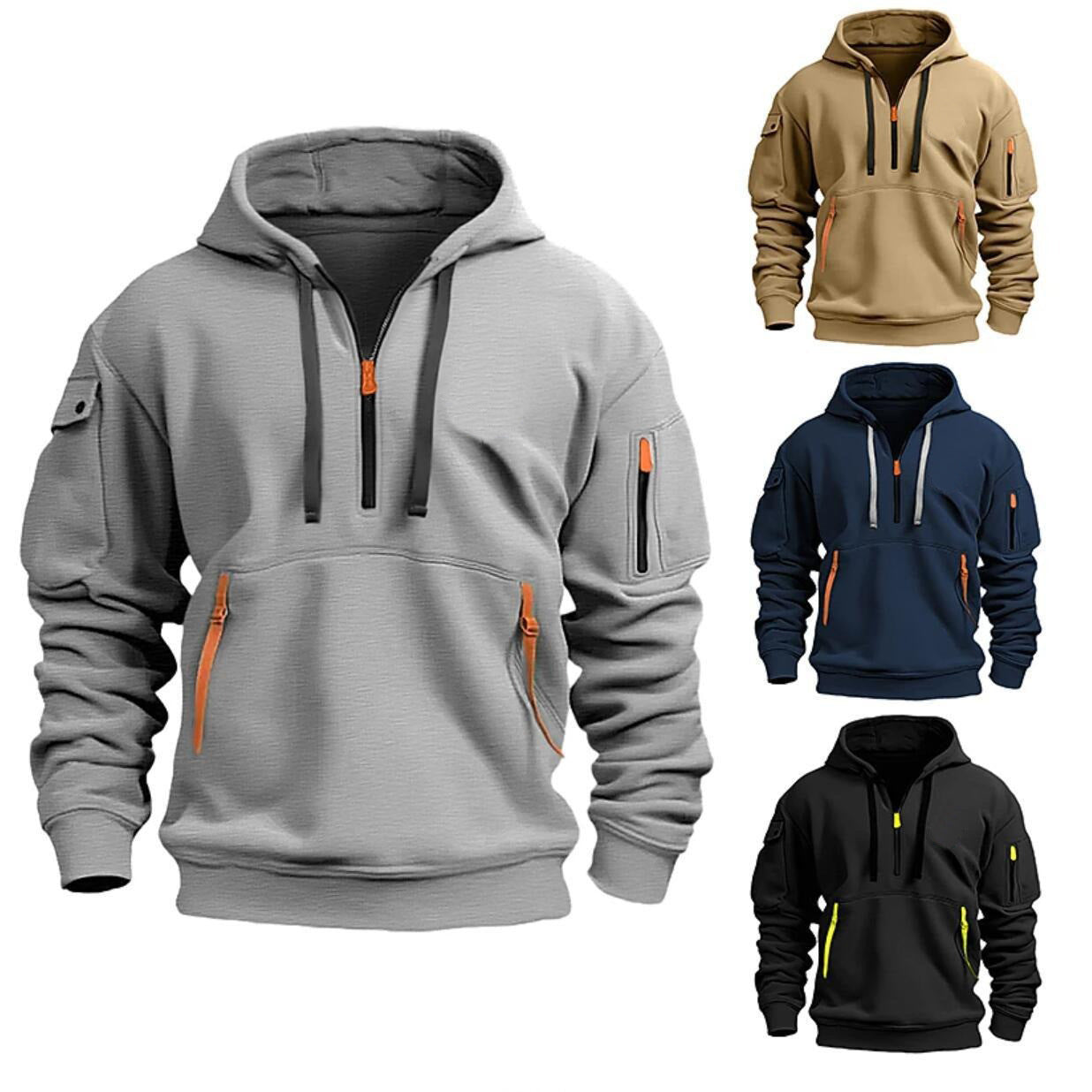 Men's hoodie sweatshirts in gray, beige, navy blue, and black with half zipper and zippered pockets