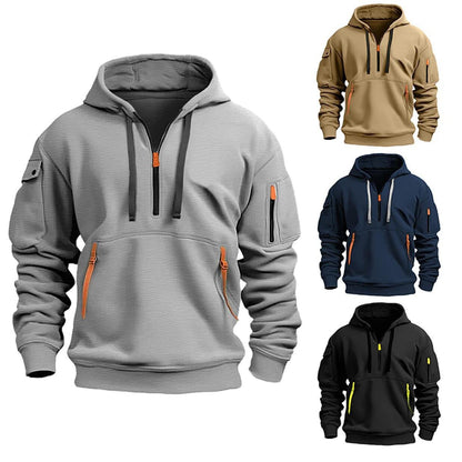 Men's hoodie sweatshirts in gray, beige, navy blue, and black with half zipper and zippered pockets