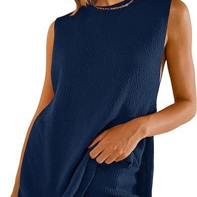 Women's Summer Suit – Knitting Vest Set With Round Neck Top And Shorts Combo