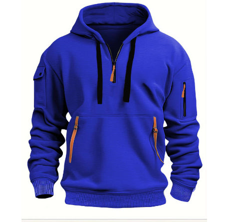 Blue pullover hoodie with front and sleeve zipper pockets, half-zip and black drawstrings