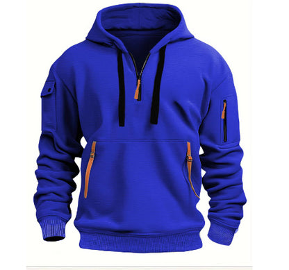 Blue pullover hoodie with front and sleeve zipper pockets, half-zip and black drawstrings