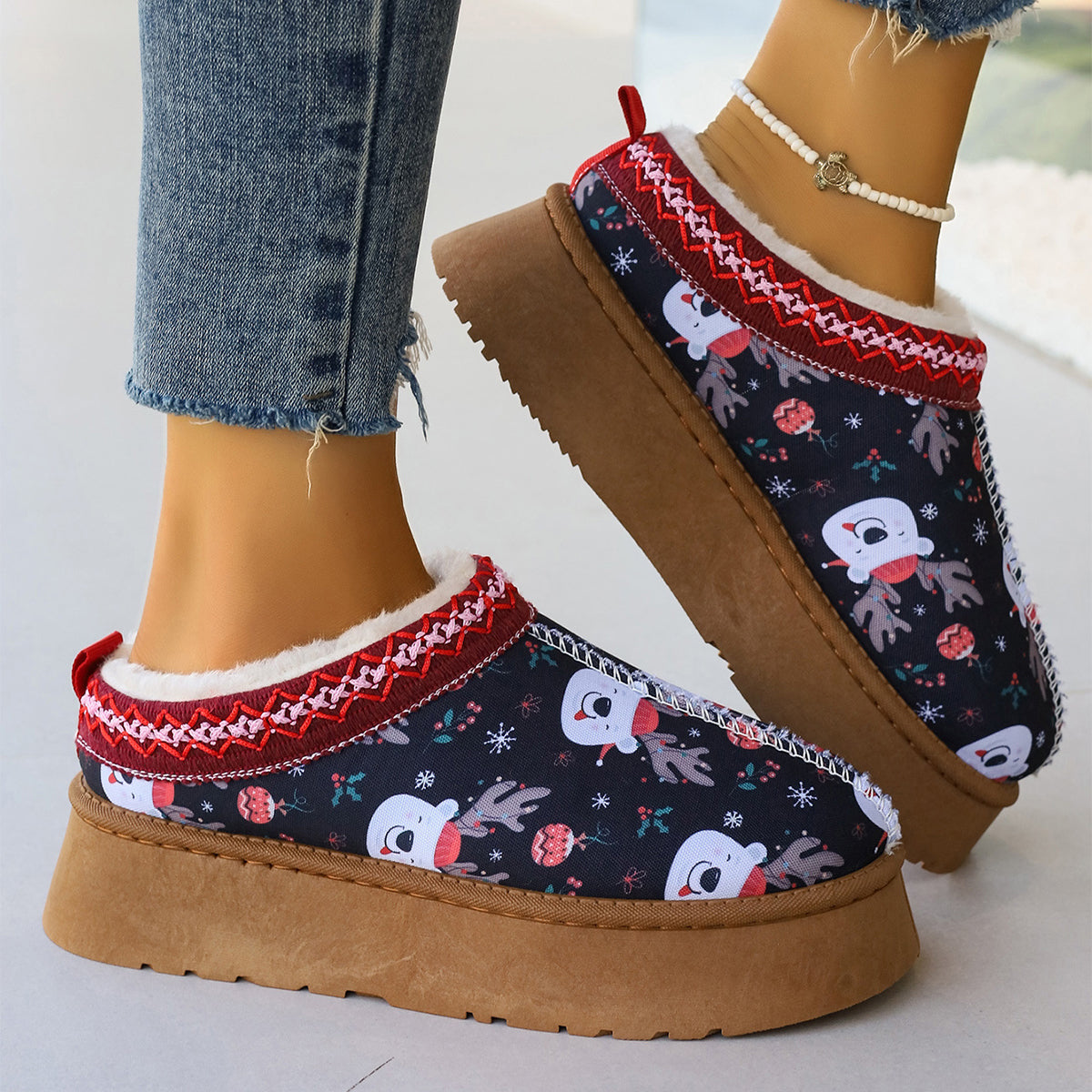 Women's Winter Ankle Boots | Plush Lined Slippers | Cartoon Print Comfort