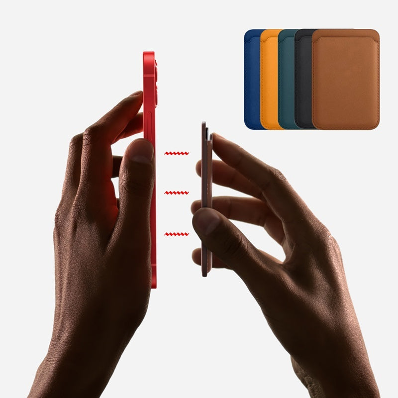 Comparison of hand holding a thick red smartphone and a slim pink smartphone with five colorful leather card holders