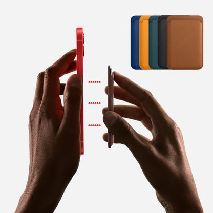 Comparison of hand holding a thick red smartphone and a slim pink smartphone with five colorful leather card holders