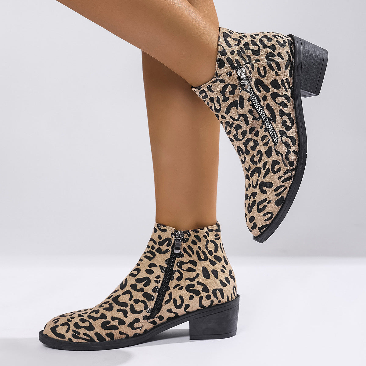 Chunky Heel Ankle Boots – Ladies Pointed Toe Low Cut Booties With Leopard Print