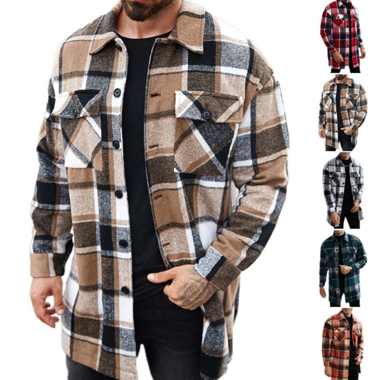 Man wearing a brown and black plaid flannel shirt jacket over black tee, styled casually