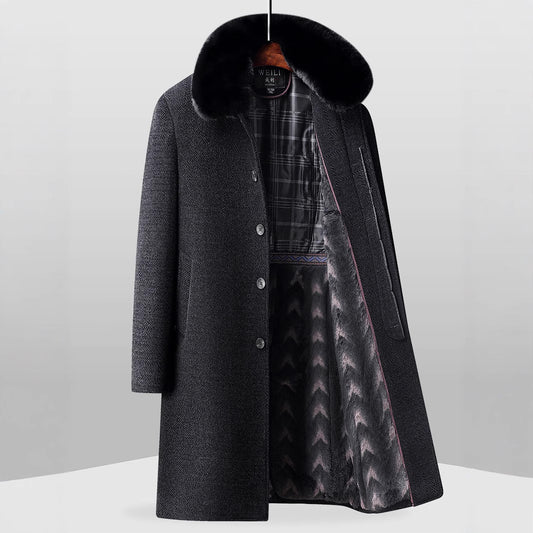 Men's dark gray wool winter coat with black fur collar and patterned interior lining
