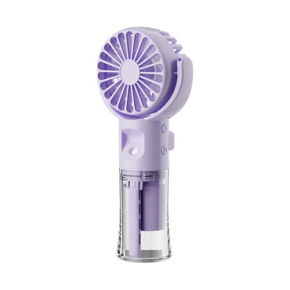 compact handheld purple misting fan with transparent water reservoir