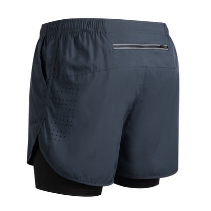 Dark gray running shorts with black compression liner and zippered back pocket