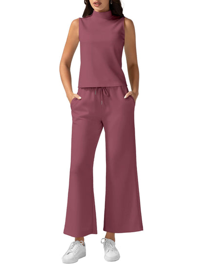 Women's Vest Pants Set - Wide Leg Cropped Pants & Sleeveless Vest Top