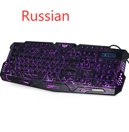 Black gaming keyboard with purple LED backlight and Russian Cyrillic keys, lightning design