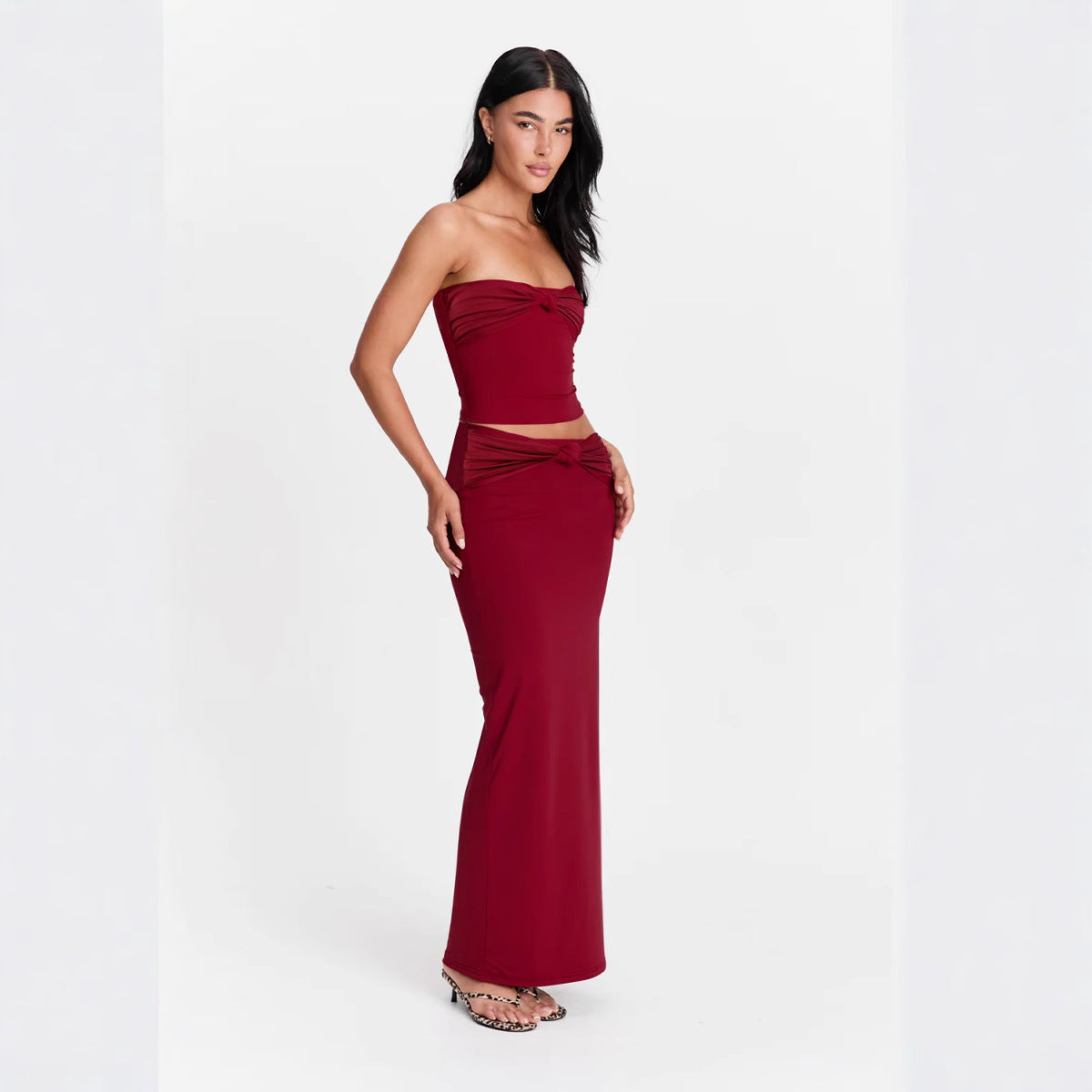 Strapless Long Dress Two Piece Set | Slim Fit Dark Red Evening Gown