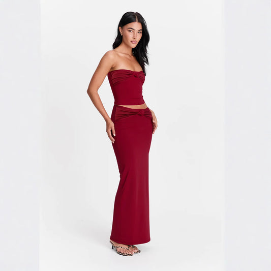 Strapless Long Dress Two Piece Set | Slim Fit Dark Red Evening Gown