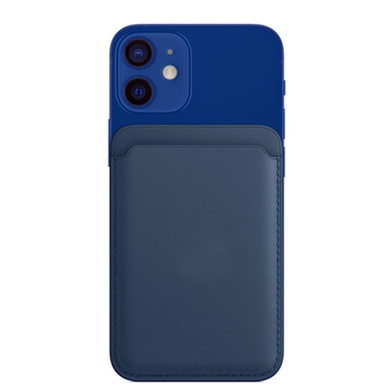 Blue smartphone with dual cameras and attached dark blue leather card holder wallet