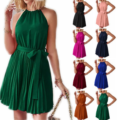 Halter Strapless Dress - Solid Color Sundress With Pleated Skirt For Summer Beach