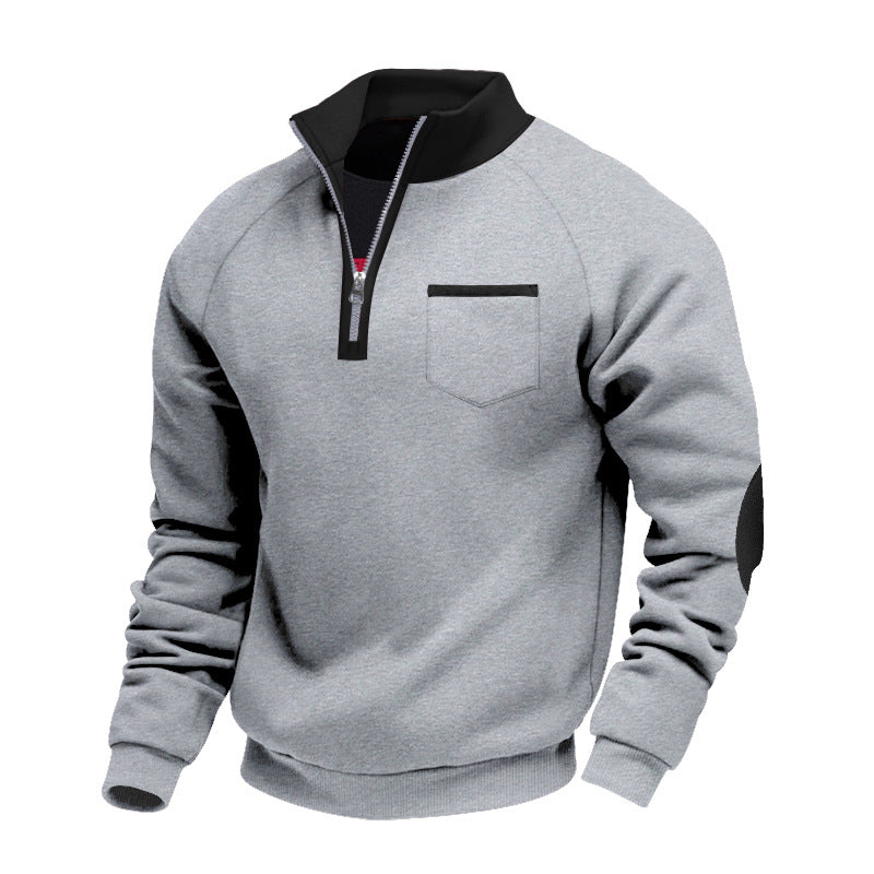 Grey quarter-zip sweatshirt with black collar, chest pocket trim, and elbow patches on white background