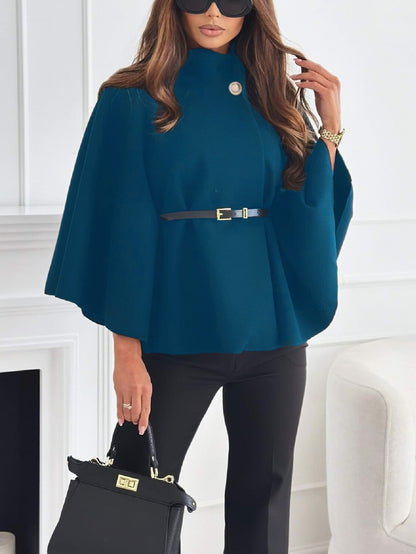 Stand Collar Cloak - Batwing Sleeve Jacket With Belted Woolen Sweater Outwear