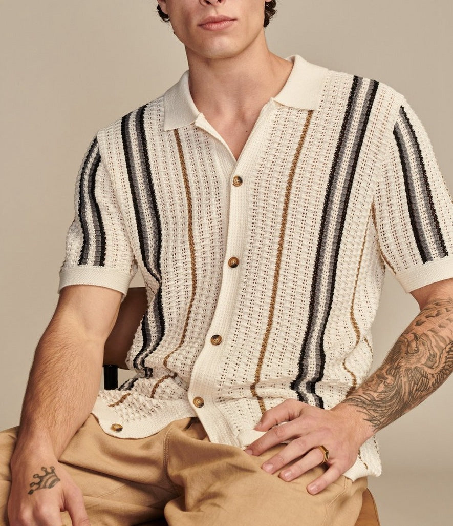 Men's Polo Cardigan - Casual Striped Knitted Short Sleeve British Style Top