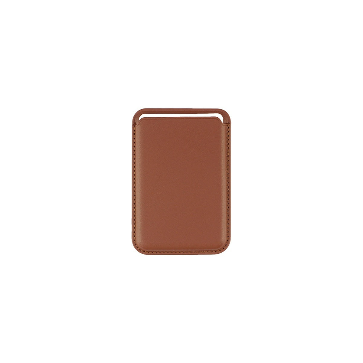 Brown leather card holder wallet with a stitched border and a slim design on white background