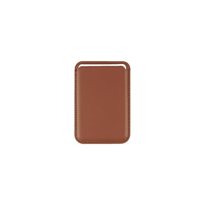 Brown leather card holder wallet with a stitched border and a slim design on white background