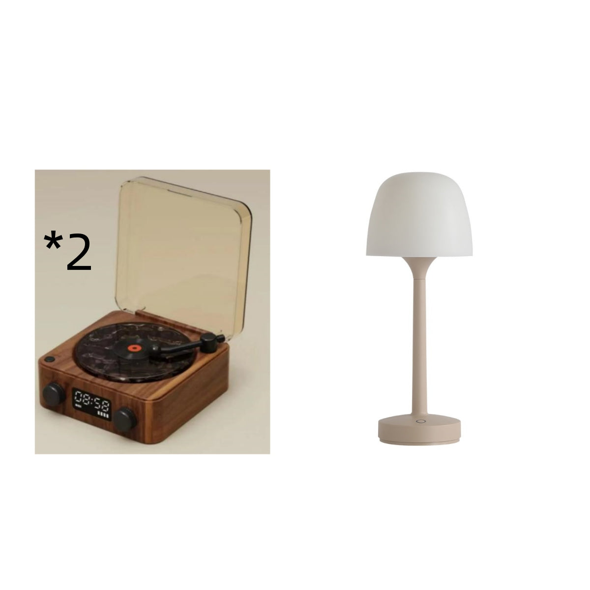 Wooden turntable record player with clear dust cover and beige modern table lamp