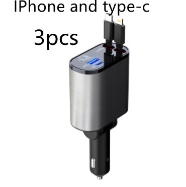 Compact car charger with digital display and dual charging ports for iPhone and type-C cables