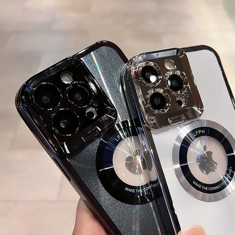 Two iPhones with triple camera lenses in black and white protective cases featuring circular Apple MagSafe design