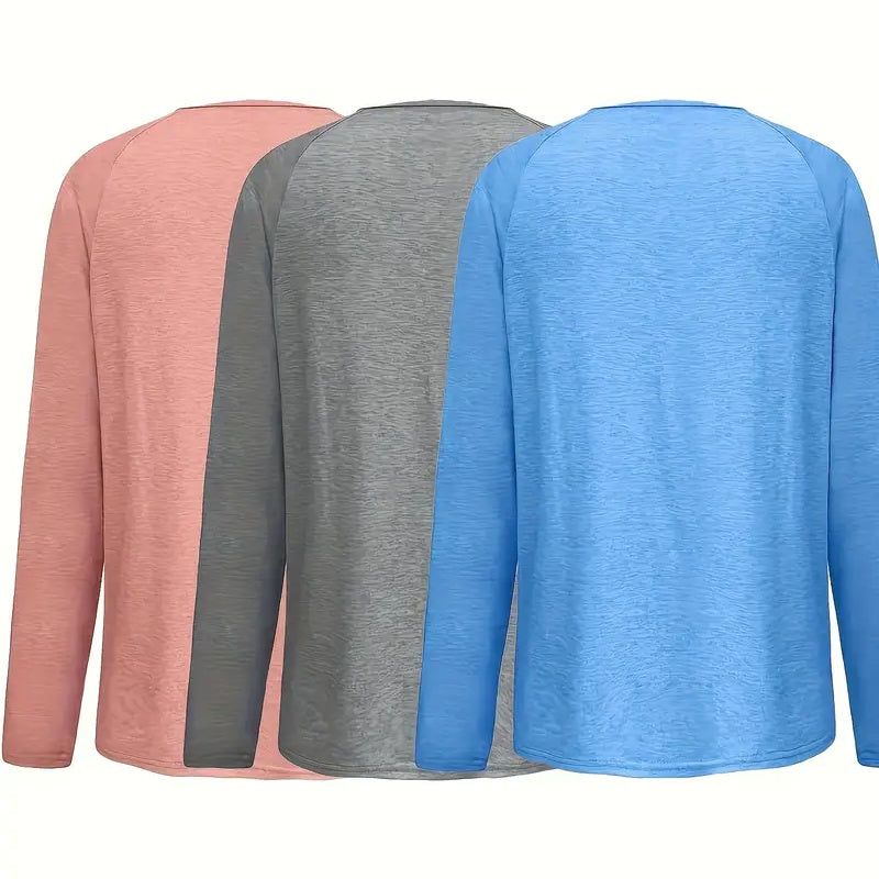 Notch V Neck Shirts - 3 Pack Long Sleeve Tees With Button Detail