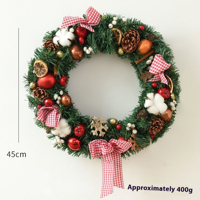 45cm Christmas wreath with pinecones, red ornaments, cotton, dried orange, cinnamon sticks, and red gingham bows