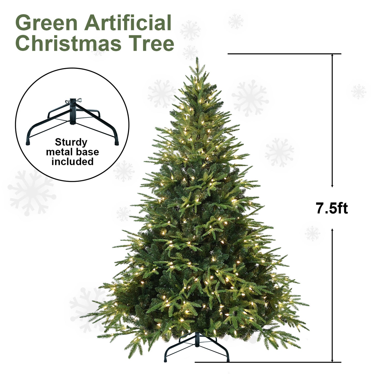 7.5ft green artificial Christmas tree with warm white lights and sturdy metal base included