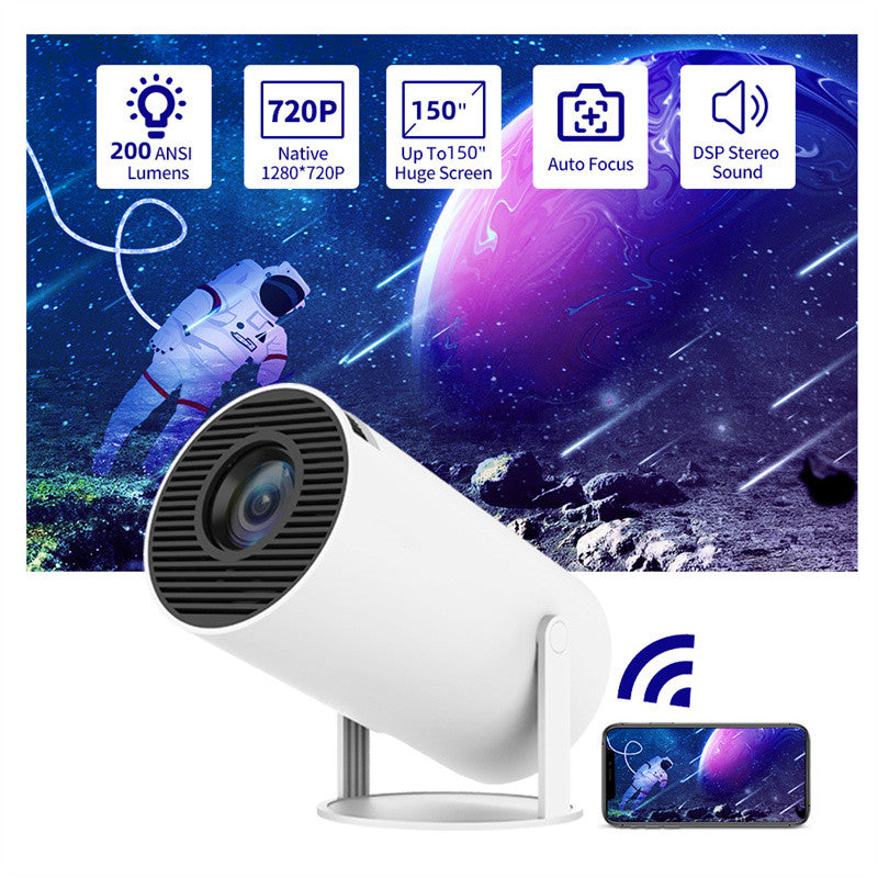 White wireless mini projector displaying 150-inch space-themed screen with astronaut, 720p HD, 200 lumens