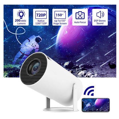White wireless mini projector displaying 150-inch space-themed screen with astronaut, 720p HD, 200 lumens