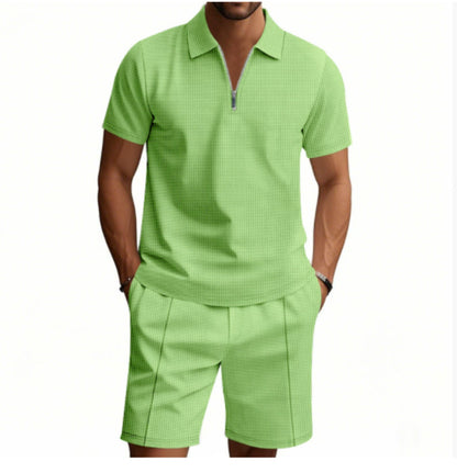 Casual Waffle Suit - Summer T-Shirt Set With Zipper Lapel Collar And Drawstring Shorts